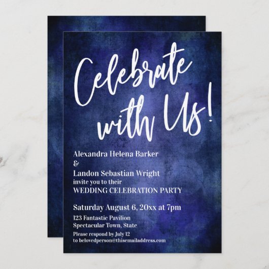 Vier Feest Met Ons! Handgeschreven Rijk Blauw Grun Kaart (Voorkant / Achterkant)