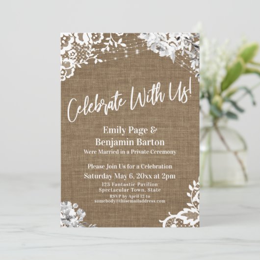 Vier Feest Met Ons! Jute Kant Bloem Licht Feest Kaart (Staand voorkant)