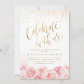 Vier Feest Met Ons! kalligrafie goud & blos bloem Kaart (Voorkant)