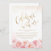 Vier Feest Met Ons! kalligrafie goud & blos bloem Kaart (Voorkant / Achterkant)