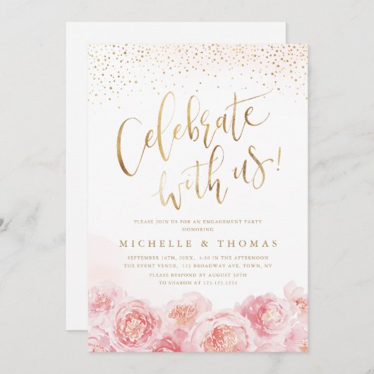 Vier Feest Met Ons! kalligrafie goud & blos bloem Kaart (Voorkant / Achterkant)