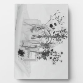 Vier flessen en witte bloemen fotoplaat