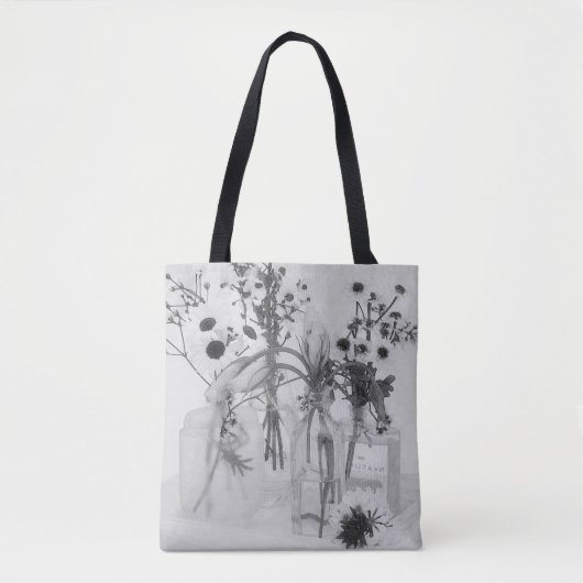 Vier flessen en witte bloemen tote bag (Voorkant)