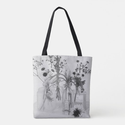 Vier flessen en witte bloemen tote bag (Achterkant)