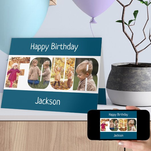 VIER Fotobrieven Roze Meisjes 4e Verjaardag Kaart