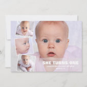 Vier fotocollage roze eerste verjaardag kaart (Voorkant)