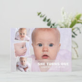 Vier fotocollage roze eerste verjaardag kaart (Staand voorkant)