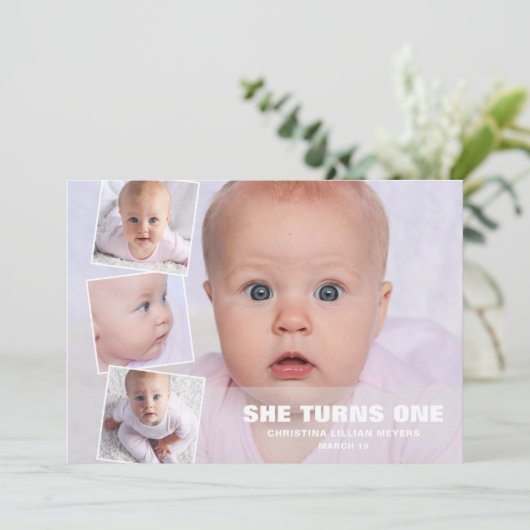 Vier fotocollage roze eerste verjaardag kaart (Staand voorkant)