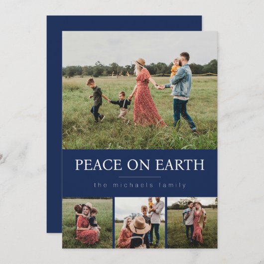 Vier foto's collage kerstkaart - Navy (Voorkant / Achterkant)