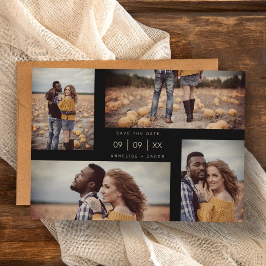 Vier foto's Collage minimalistische moderne bruilo Save The Date