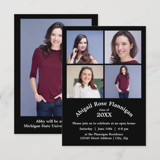 Vier foto's Collage Zwart- 3x5 Afstuderen Kaart (Voorkant / Achterkant)