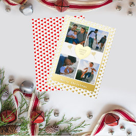 Vier foto's Familienaam Gold Red Hearts Kerstmis Folie Feestdagenkaart