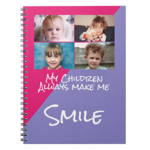 Vier foto's kinderen maken me glimlachen roze paar notitieboek