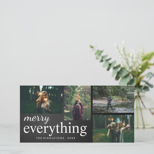 Vier foto's | Merry Everything Krijtbord Script Feestdagenkaart (Staand voorkant)