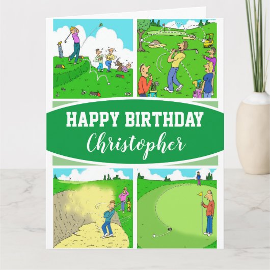 Vier Funny Golfer Cartoon Illustraties Kaart (Voorkant)