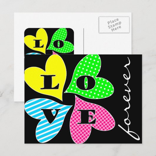 Vier gekleurde harten feestdagenkaart (Voorkant / Achterkant)