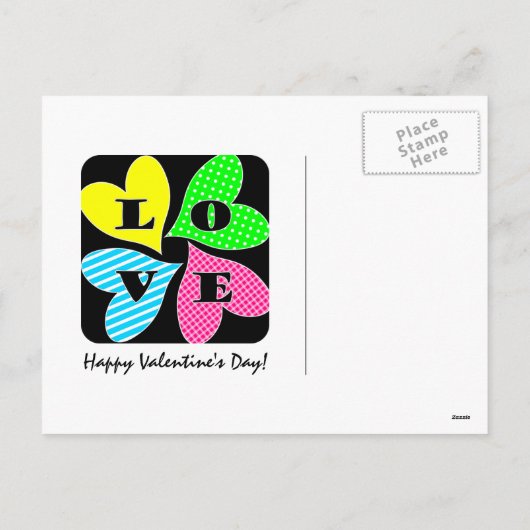 Vier gekleurde harten feestdagenkaart (Achterkant)