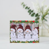 Vier glimlachende speelgoed sneeuwmannen briefkaart (Staand voorkant)