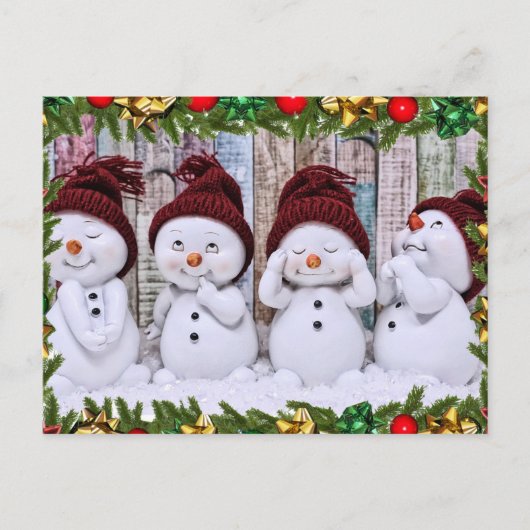 Vier glimlachende speelgoed sneeuwmannen briefkaart (Voorkant)