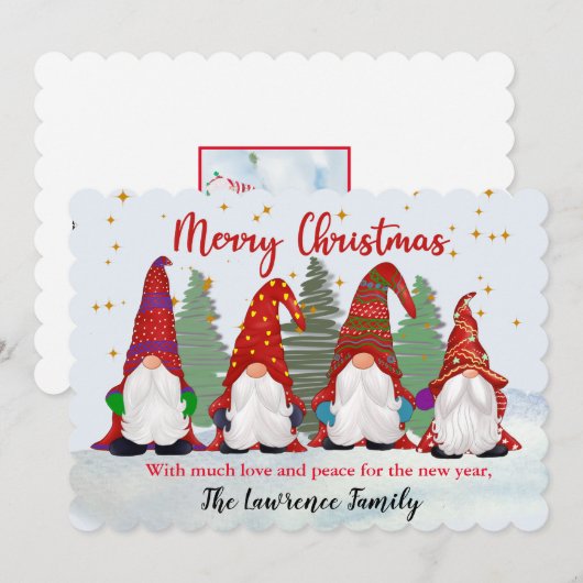 Vier gnomen in de sneeuw bij Kerstmis Feestdagenkaart (Voorkant / Achterkant)