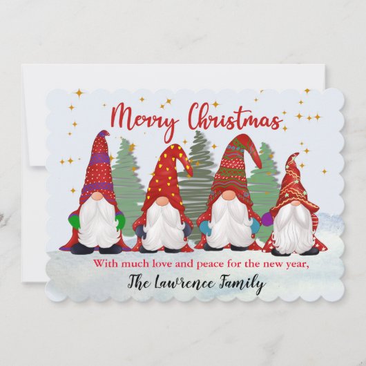 Vier gnomen in de sneeuw bij Kerstmis Feestdagenkaart (Voorkant)