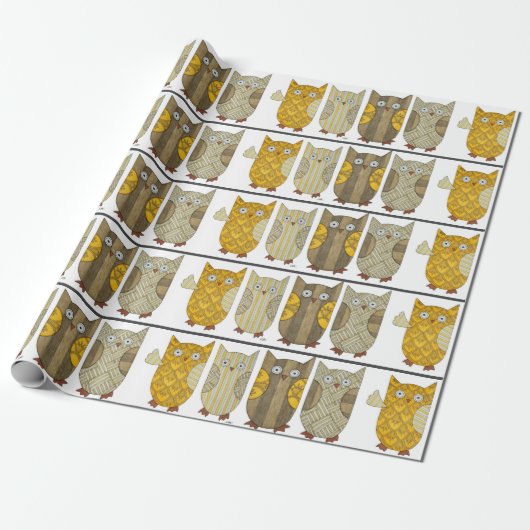 Vier Gold Owls Wrapping Paper Cadeaupapier (Uitgerold)