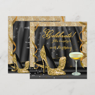 Vier Goud Zwarte Glitter Hakken Champagne Feest Kaart
