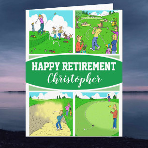 Vier grappige golfer cartoons bij een pensionering kaart