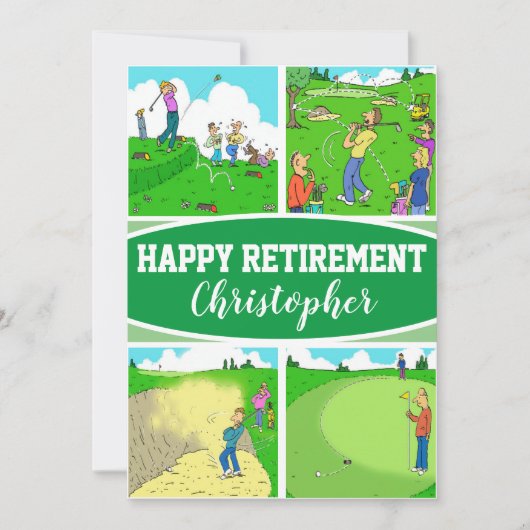Vier Grappige Golfer Cartoons op een Retirement Ka Feestdagenkaart (Voorkant)