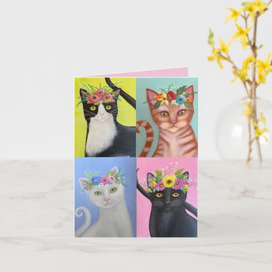 Vier grillige katten kaart (Gele Bloem)