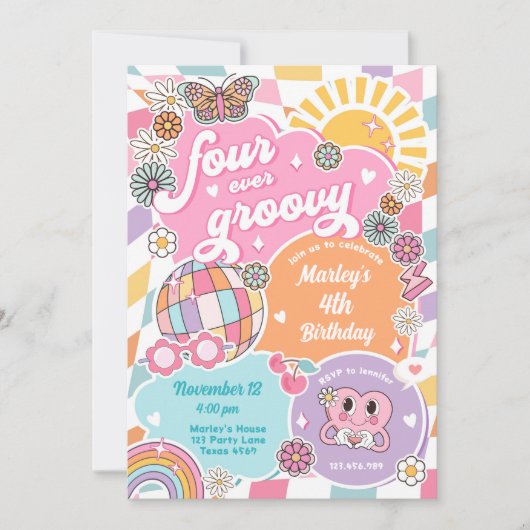 Vier Groovy Retro Preppy Varsity Verjaardag Kaart (Voorkant)