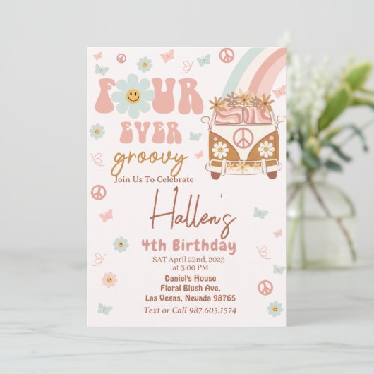 Vier Groovy Retro Rainbow 4e verjaardag Kaart (Staand voorkant)