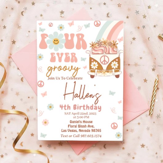 Vier Groovy Retro Rainbow 4e verjaardag Kaart