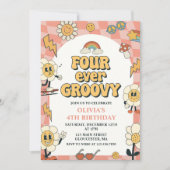 Vier Groovy Retro Van Roze 4e Verjaardag Kaart (Voorkant)