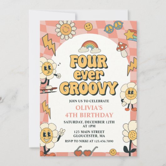 Vier Groovy Retro Van Roze 4e Verjaardag Kaart (Voorkant)