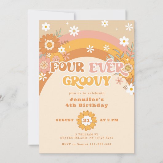 Vier groovy retro-verjaardag Uitnodiging (Voorkant)