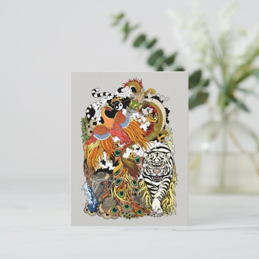 vier hemeldieren briefkaart (Staand voorkant)