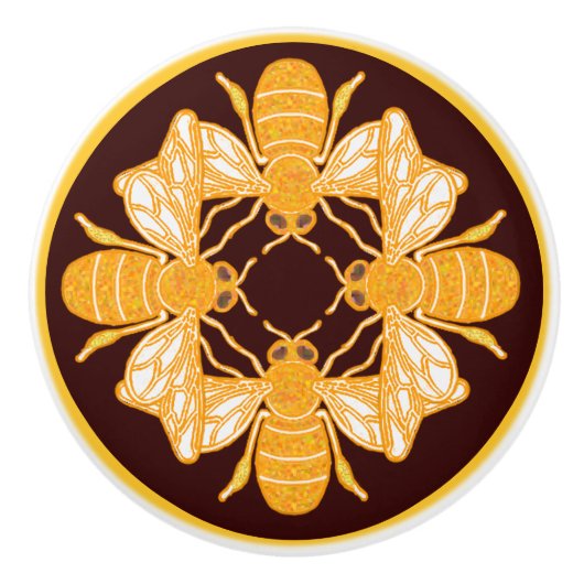 Vier heraldische bijen op rijke chocoladebruin keramische knop (Voorkant)