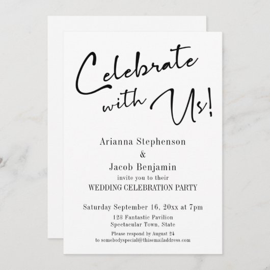 "Vier het mee met ons!" Moderne Eenvoudige Trouwfe Kaart (Voorkant / Achterkant)