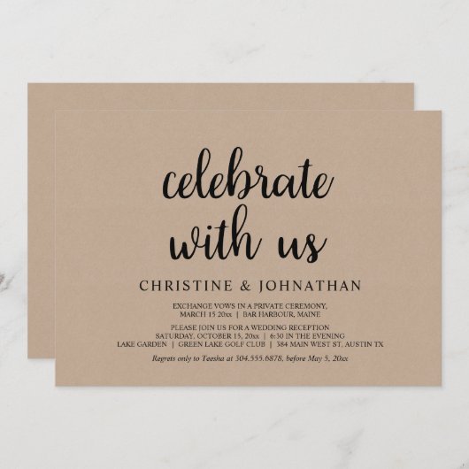 Vier het met ons, Rustieke Trouw Elopement Feest Kaart (Voorkant / Achterkant)