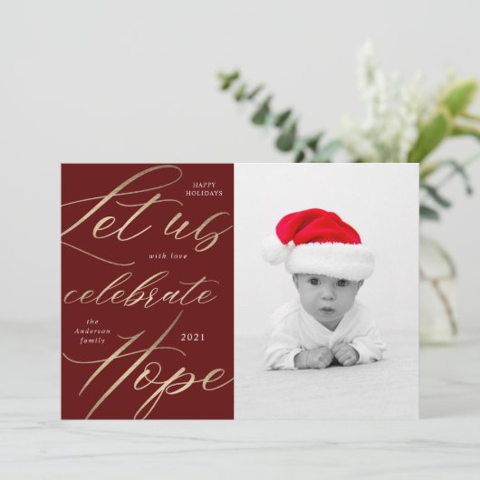 vier hoop gouden script vakantie fotokaart feestdagenkaart (Staand voorkant)