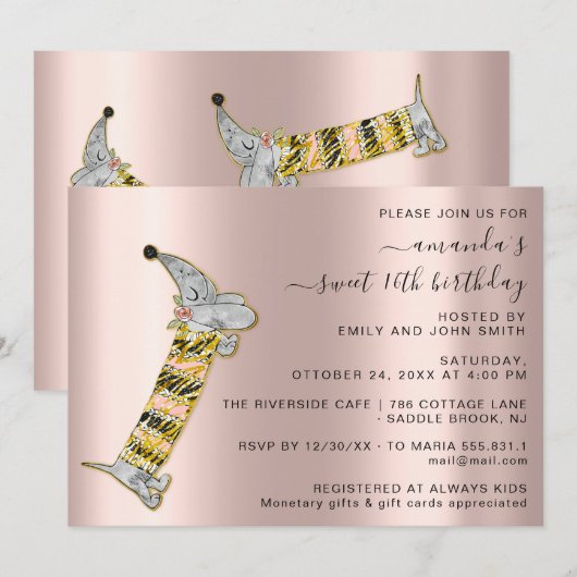 Vier in stijl met Roos Schattige Dog Sweet 16th Kaart (Voorkant / Achterkant)