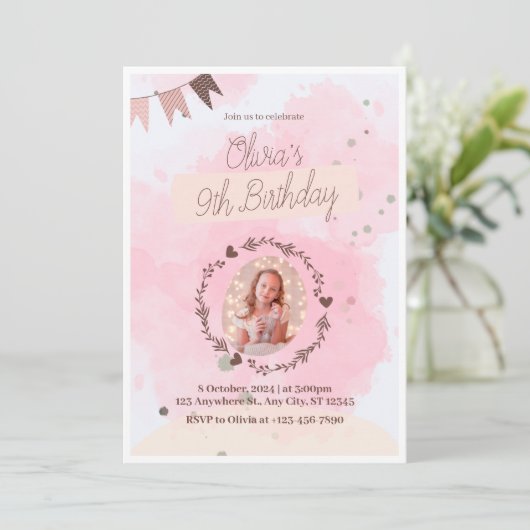 Vier in stijl! Roze Waterverf Schattige 9e Geboort Kaart (Staand voorkant)