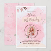 Vier in stijl! Roze Waterverf Schattige 9e Geboort Kaart (Voorkant / Achterkant)