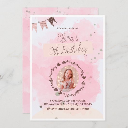 Vier in stijl! Roze Waterverf Schattige 9e Geboort Kaart (Voorkant / Achterkant)