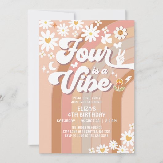 Vier is een Vibe Groovy 4e Daisy Rainbow Verjaarda Kaart (Voorkant)