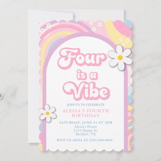 Vier is een Vibe Groovy, Retro Meisje Pastel Kleur Kaart (Voorkant)