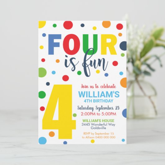 Vier is Leuke Verjaardag Uitnodiging 4e Verjaardag (Staand voorkant)