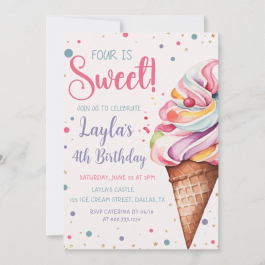 Vier is Sweet Ice Cream 4e verjaardag Kaart (Voorkant)