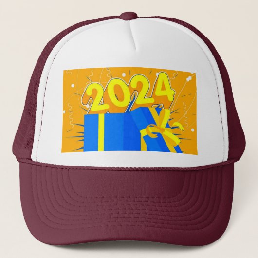 Vier jaar 2024 met Gift Box Wit en Maroon Trucker Pet (Voorkant)